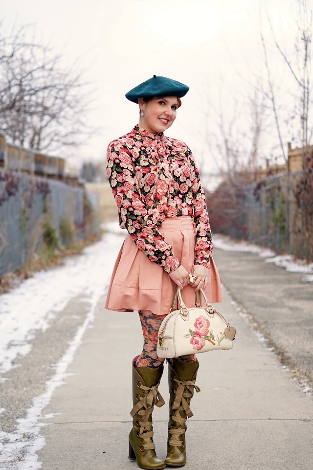 Winnipeg Canadian Fashion Stylist Consultant Blog, Forever 21 rose floral rose print blouse top, BCBG Max Azria Aria pink blush pleated skirt, Joe Fresh green wool beret, Forever 21 coral rose floral print tights, Juicy Couture terry rose embroidered bowler purse handbag, John Fluevog Hildegard Soprano olive green knee high lace up leather boots